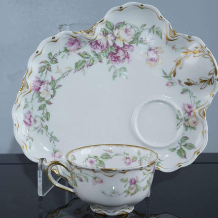 c1900 Haviland Limoges Snack Set Cup and plate Pink roses with gold - Estate Fresh Austin