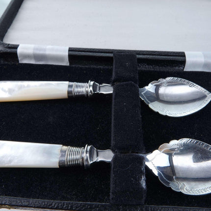 c1900 Jam/Condiment spoon set with mother of pearl handles in wood box. - Estate Fresh Austin