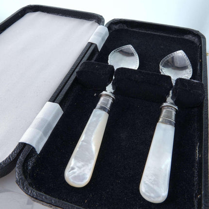 c1900 Jam/Condiment spoon set with mother of pearl handles in wood box. - Estate Fresh Austin