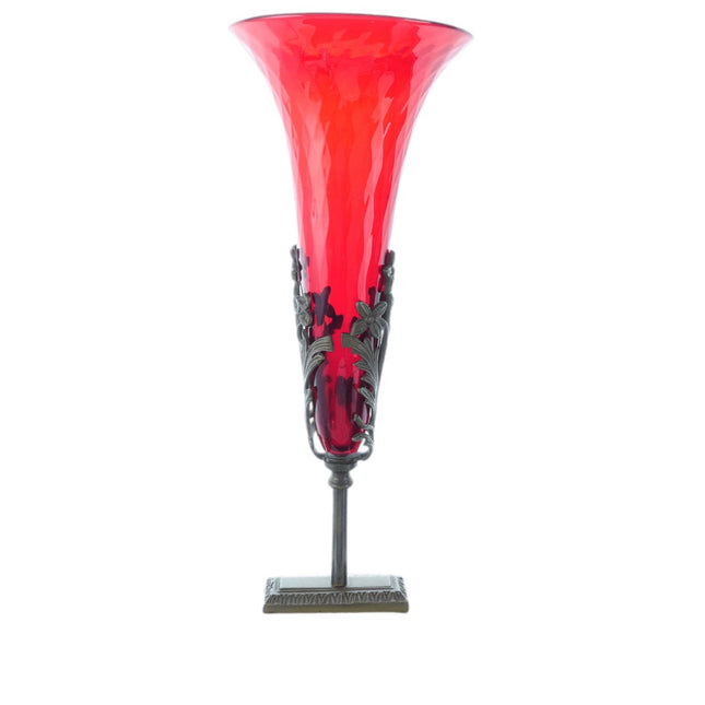c1900 Pigeon Blood funeral Vase in Brass/Marble Holder/stand - Estate Fresh Austin