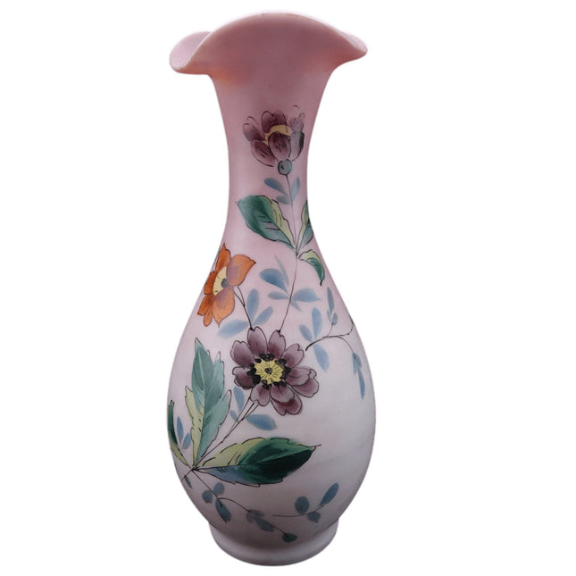 c1900 Pink Satin glass Hand enameled vase - Estate Fresh Austin