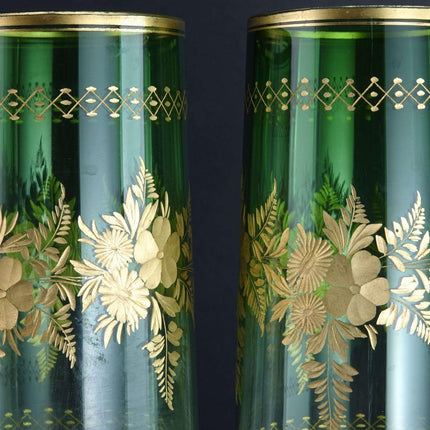 c1900 Threaded Intaglio Cut Heavy gold Green to clear Vases pair - Estate Fresh Austin