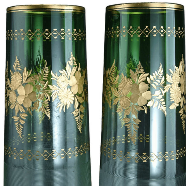 c1900 Threaded Intaglio Cut Heavy gold Green to clear Vases pair - Estate Fresh Austin