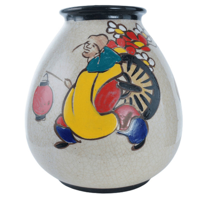 c1900 Whimsical Japanese Satsuma vase with people holding lanterns - Estate Fresh Austin