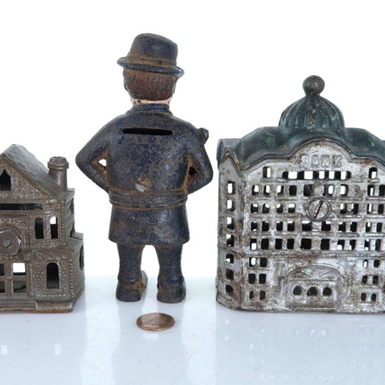 c1910 Antique Cast Iron Bank Collection Building and Policeman with billy club - Estate Fresh Austin