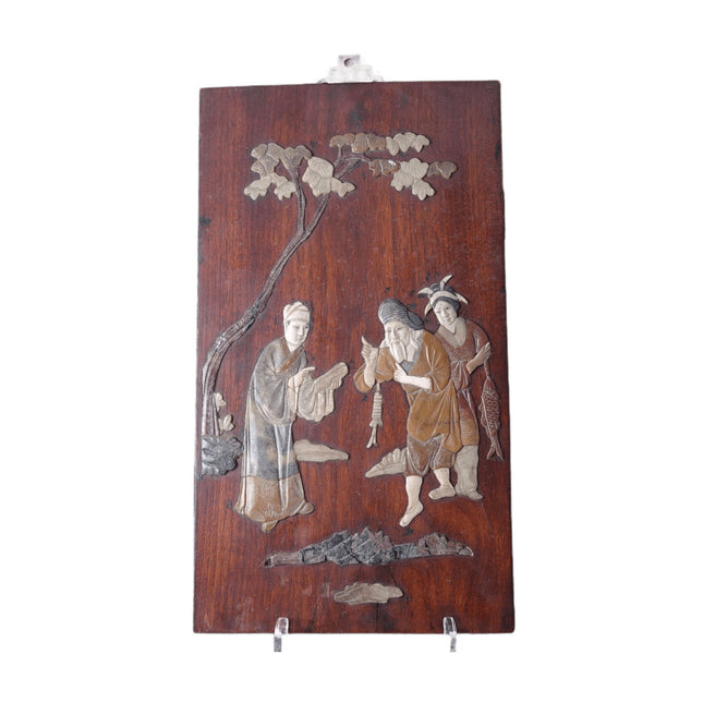 c1920's Chinese Republic Period Wood Plaque with Soapstone inlay - Estate Fresh Austin