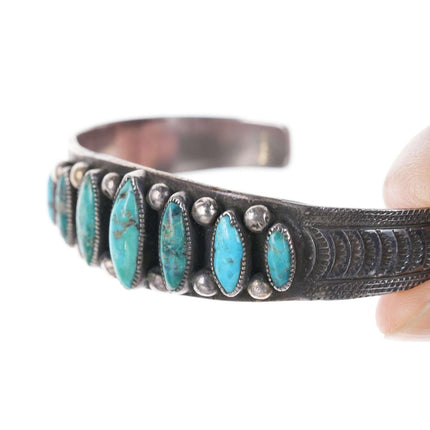 c1930's-40's Vintage Native American Heavy Stamped silver/turquoise row cuff bra - Estate Fresh Austin
