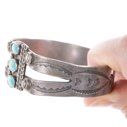 c1930's Vintage Native American Heavy Stamped silver/turquoise cuff bracelet - Estate Fresh Austin