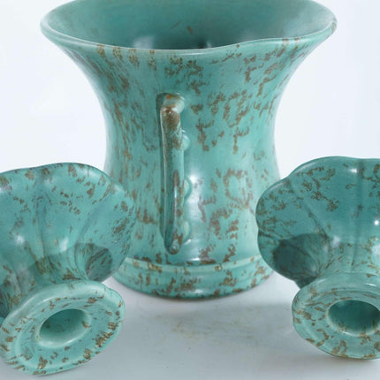 c1940 Rumrill Art Pottery Vase and Candle holder with unusual sponged green matt - Estate Fresh Austin