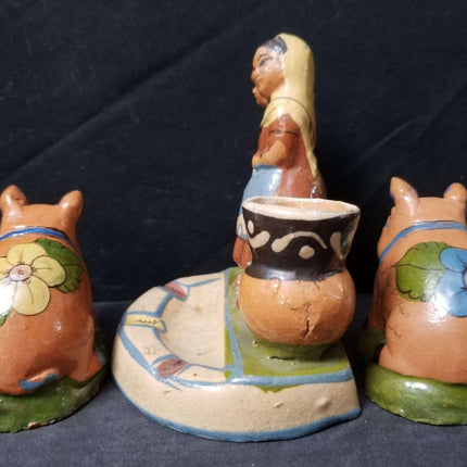 c1940 Tlaquepaque Mexican Folk Pottery Ash Tray and Pig Shakers - Estate Fresh Austin