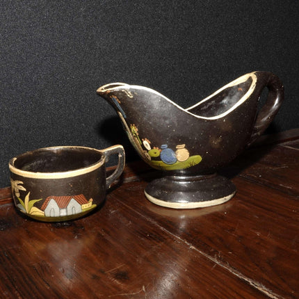 c1940 Tlaquepaque Mexican Folk Pottery Gravy Boat and Cup - Estate Fresh Austin