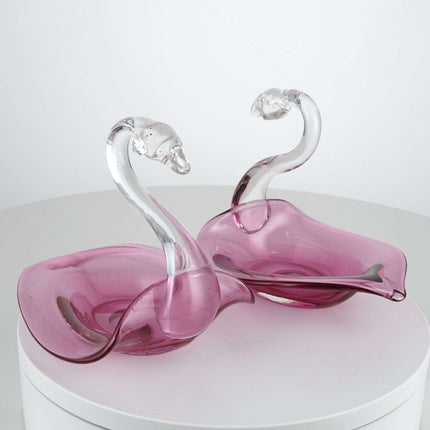 c1950 Cranberry Art Glass Swans with Ground Pontil Pair - Estate Fresh Austin