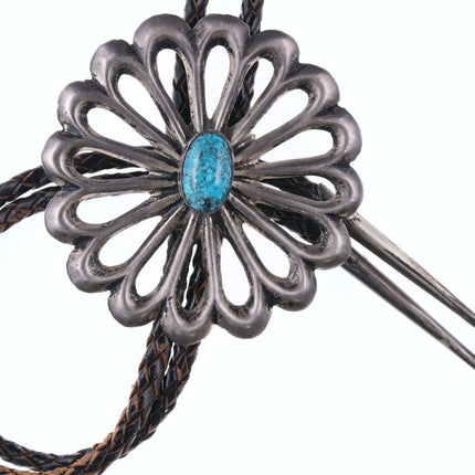 c1950's Native American Tufa cast silver and turquoise bolo tie - Estate Fresh Austin