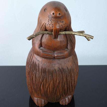 c1970's Sarried Ltd Finely Carved Beaver Sculpture with Brass stick - Estate Fresh Austin