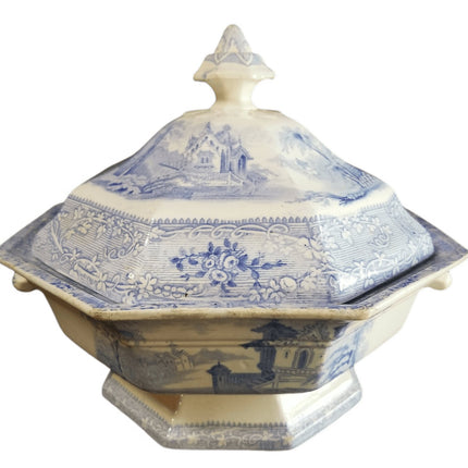 Davenport Friburg Blue Transferware Covered Vegetable Tureen c. 1850 perfect lid - Estate Fresh Austin