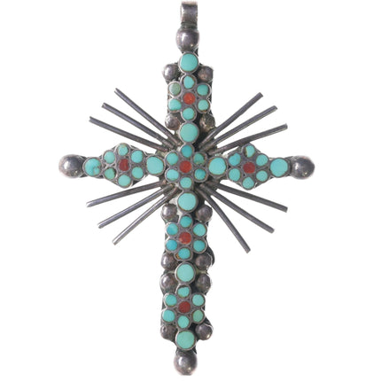 Dishta Zuni silver cross pendant with turquoise and coral inlay - Estate Fresh Austin