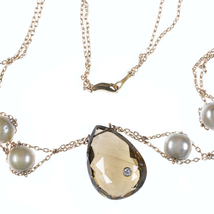 Estate 14k Natural Pearls, Diamond, and Smoky quartz double strand necklace - Estate Fresh Austin