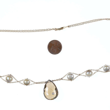 Estate 14k Natural Pearls, Diamond, and Smoky quartz double strand necklace - Estate Fresh Austin