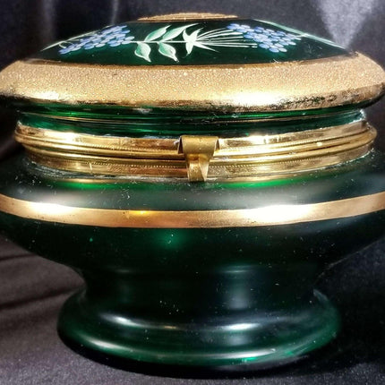 Green Bohemian Enameled Coralene under Heavy Gold Glass Box with Lid C.1900 5.5" - Estate Fresh Austin