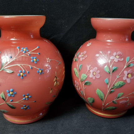 Harrach Bohemian Glossy Peachblow bulb Vases with enameled Flowers c.1890 - Estate Fresh Austin
