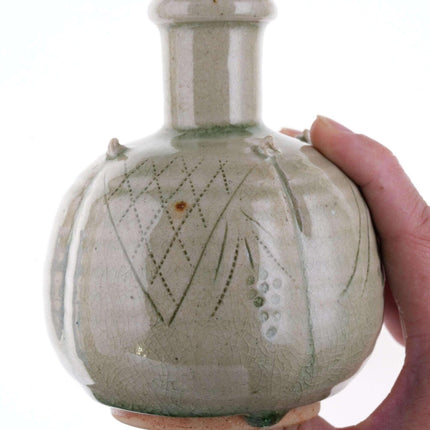 High quality Vintage Asian Style Incised Celadon Studio pottery bottle form vase - Estate Fresh Austin