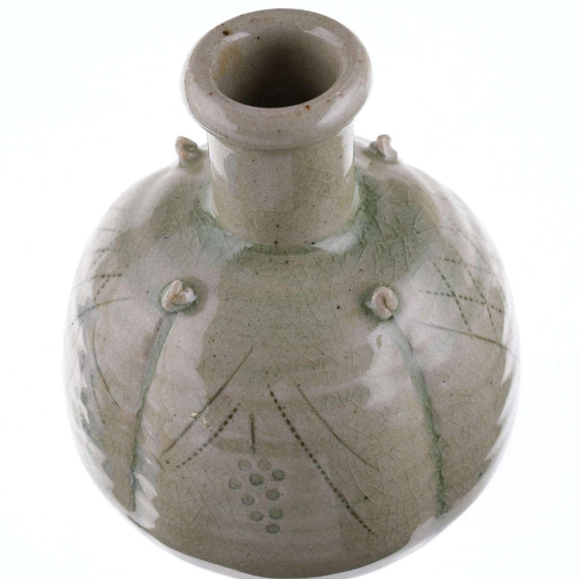 High quality Vintage Asian Style Incised Celadon Studio pottery bottle form vase - Estate Fresh Austin