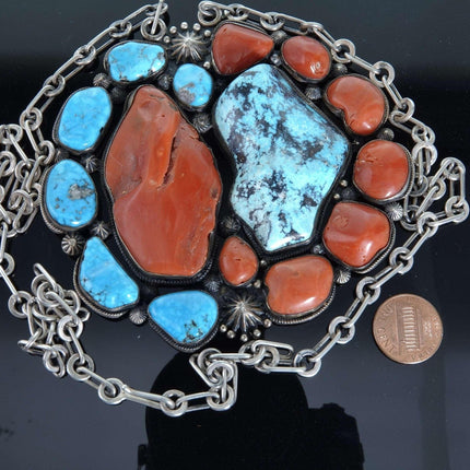 Huge Aaron Toadlena Sterling Turquoise and Coral pendant necklace - Estate Fresh Austin
