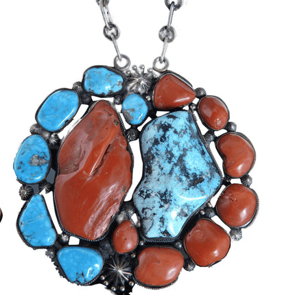 Huge Aaron Toadlena Sterling Turquoise and Coral pendant necklace - Estate Fresh Austin