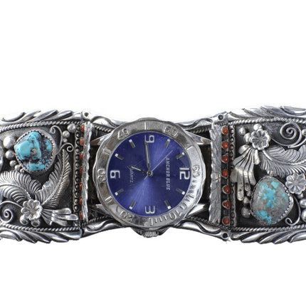 Huge Vintage Navajo Sterling/Turquoise and coral Watch Bracelet - Estate Fresh Austin