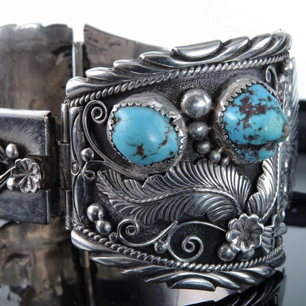 Huge Vintage Navajo Sterling/Turquoise and coral Watch Bracelet - Estate Fresh Austin