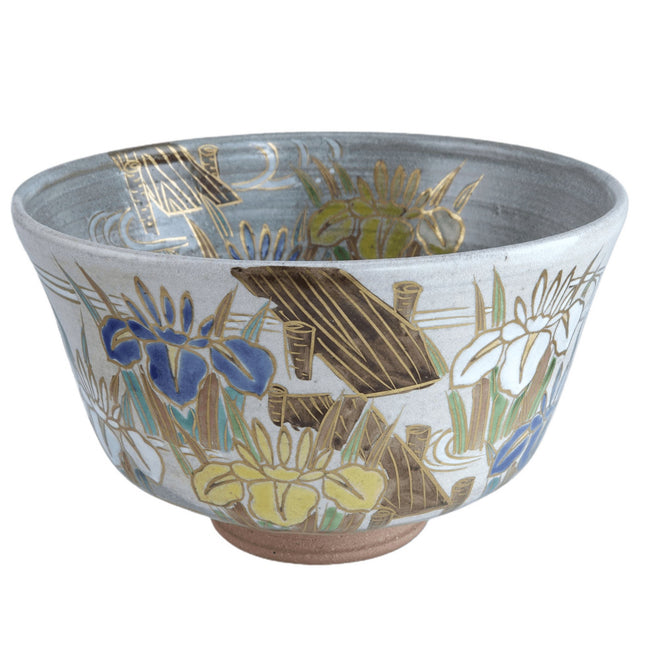 Japanese Studio Pottery Hand Painted Iris with gold Tea Bowl - Estate Fresh Austin