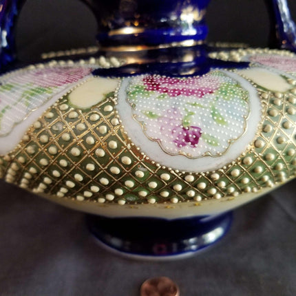 Jeweled Nippon Moriage Vase Rose Tapestry Cobalt Gold with handles c.1880s 8.7 - Estate Fresh Austin