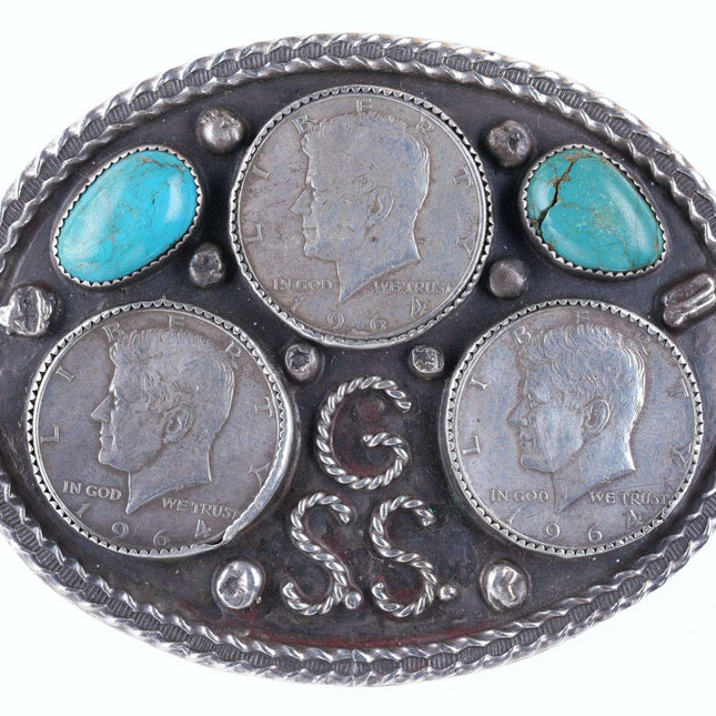 Large 1964 Native American sterling/turquoise Silver half dollar belt buckle - Estate Fresh Austin