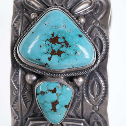 Large Daniel Clark Navajo Sterling Natural Turquoise Heavy stamped cuff Bracelet - Estate Fresh Austin