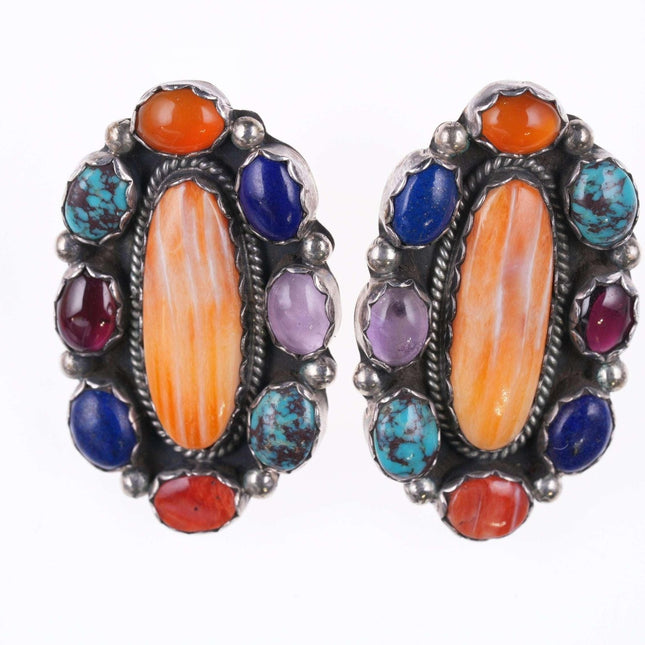 Large Native American sterling multi gemset earrings - Estate Fresh Austin