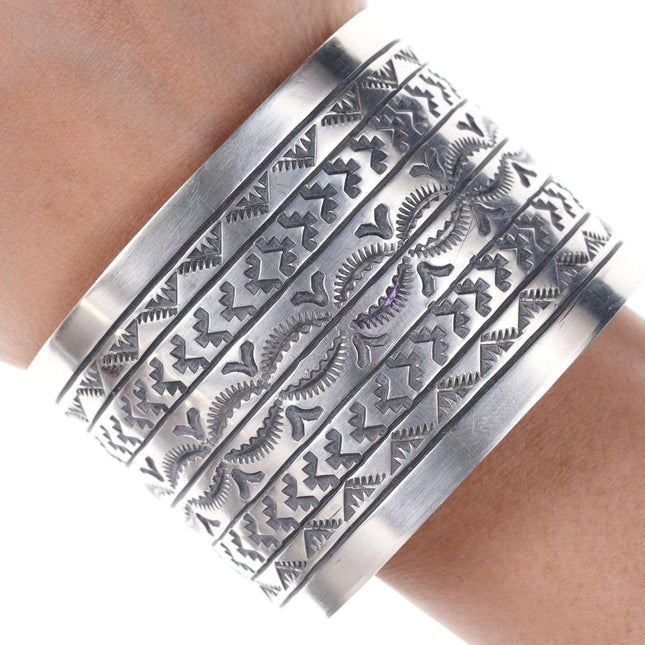 Large Navajo Sterling heavy stamped cuff bracelet - Estate Fresh Austin