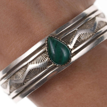 Lester Craig Heavy Stamped Navajo Sterling/Malachite Cuff bracelet - Estate Fresh Austin