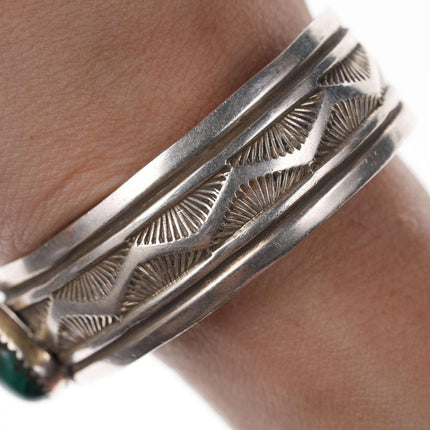 Lester Craig Heavy Stamped Navajo Sterling/Malachite Cuff bracelet - Estate Fresh Austin