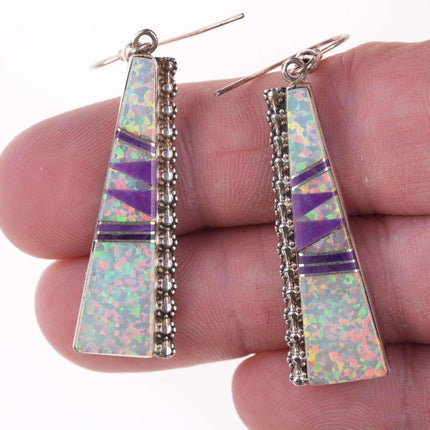 Mel Benally Navajo Sterling Opal, and Charoite channel inlay earrings - Estate Fresh Austin