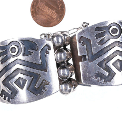 Mid Century Mexican Silver Mayan style modernist Hinged Bracelet - Estate Fresh Austin