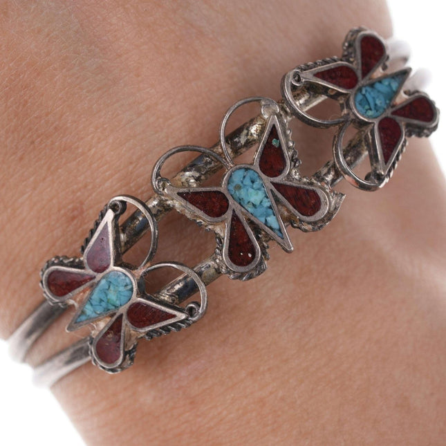 Native American Sterling/turquoise/Coral Chip inlay butterfly cuff bracelet - Estate Fresh Austin