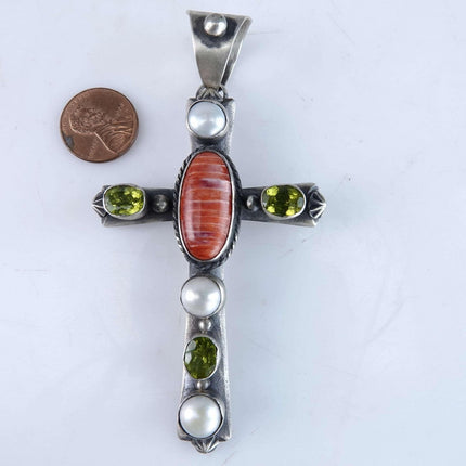 Navajo Sterling Spiny oyster, Peridot, and pearl Cross Pendant by Chimney Butt - Estate Fresh Austin
