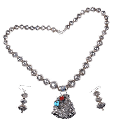 Navajo Sterling Turquoise and Coral Wolf Necklace Pendant and Earrings set - Estate Fresh Austin