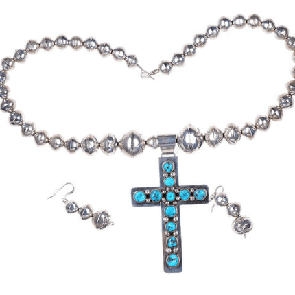 Navajo Sterling Turquoise Cross with Stamped Bead necklace with earrings - Estate Fresh Austin