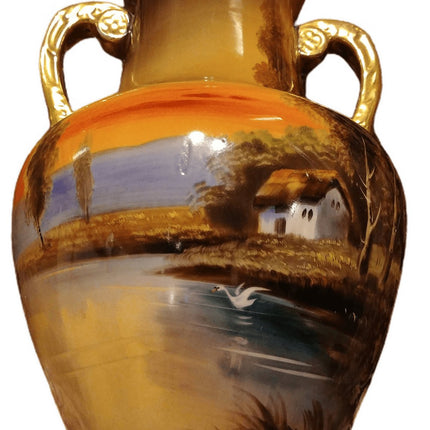 Noritake Hand Painted House on Lake w/Swan Trees 9" x 6" Large Vase c.1940 - Estate Fresh Austin