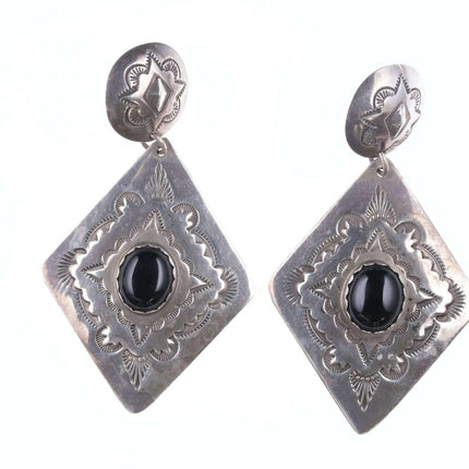 Retro Ben Shiley Navajo stamped silver and onyx earrings - Estate Fresh Austin