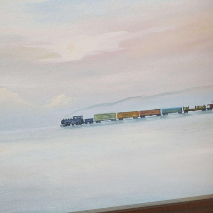 Richard Maitland (1928 - 2014) Miniature train traveling towards silo oil on boa - Estate Fresh Austin