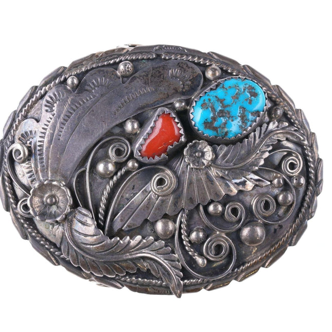 Small Vintage Navajo Sterling - Turquoise and coral belt buckle - Estate Fresh Austin