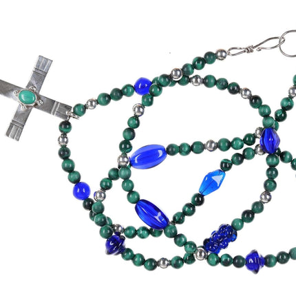 Southwestern Handmade Sterling Malachite and glass rosary cross pendant - Estate Fresh Austin
