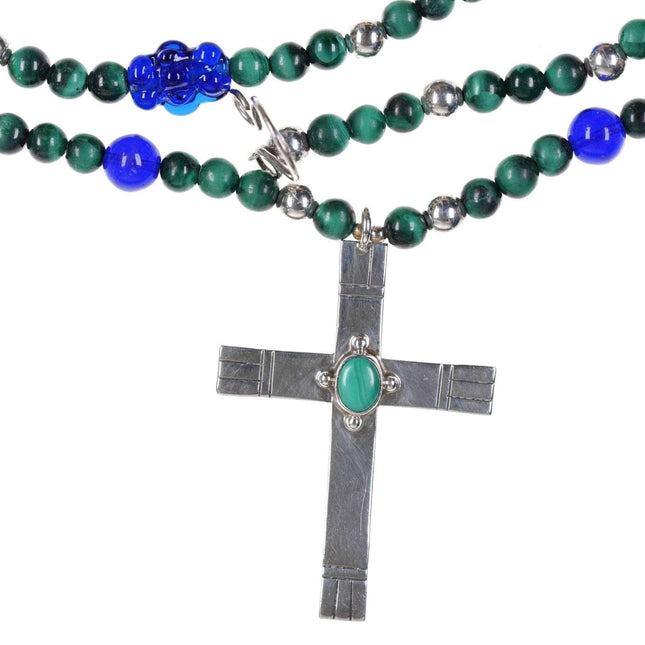Southwestern Handmade Sterling Malachite and glass rosary cross pendant - Estate Fresh Austin